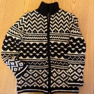 Limited black and white hand knit zippered sweater, size small.